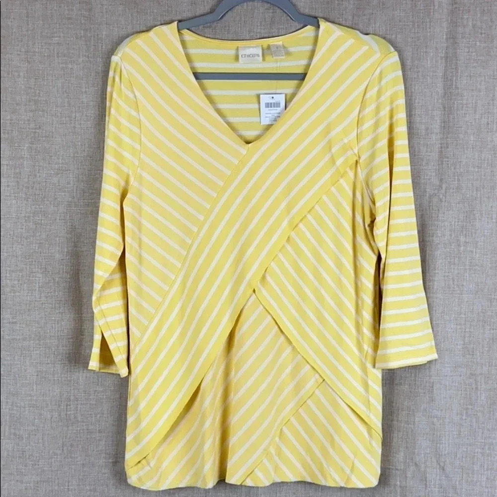 Chico’s‎ New Women’s M Quarter Sleeve V-Neck Miraculous Stripe Tiered Top